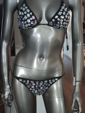 Fashion Nova Black Bikini Top with Iridescent Crystal Accents